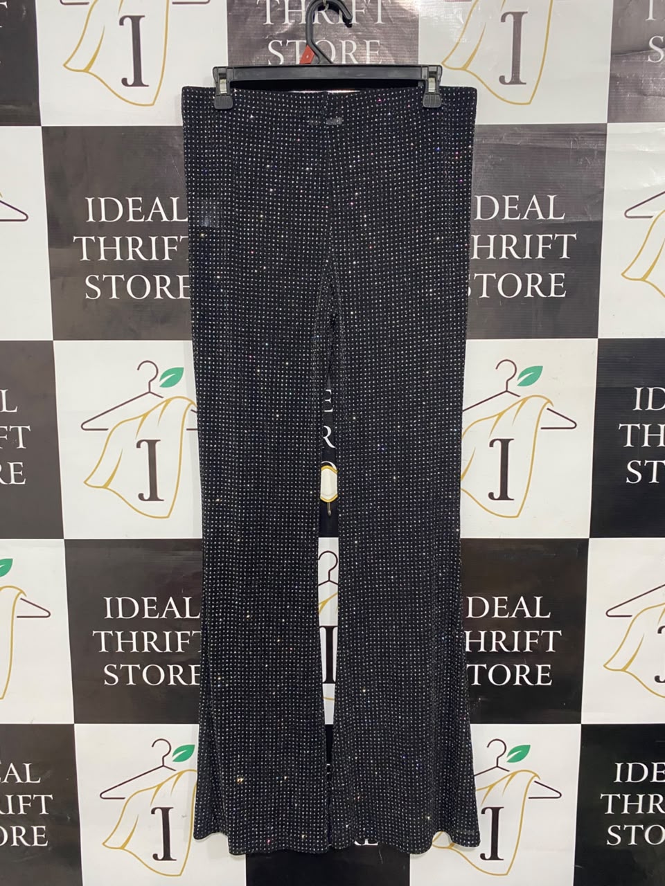 LUCK & TROUBLE |L| BUST 30| A21| BLACK RHINESTONE SPARKLY FLARE PANTS HIGH WAIST GLITTER PARTY TROUSERS