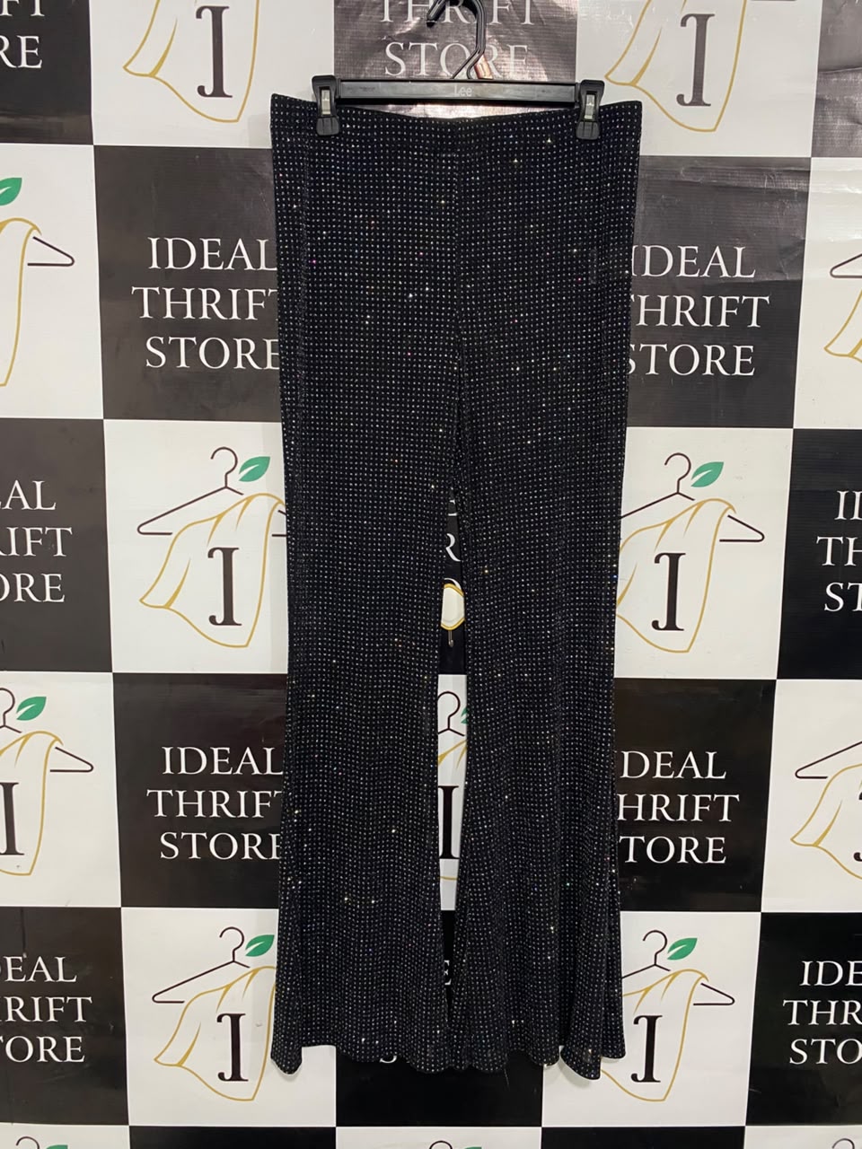 LUCK & TROUBLE |L| BUST 30| A21| BLACK RHINESTONE SPARKLY FLARE PANTS HIGH WAIST GLITTER PARTY TROUSERS
