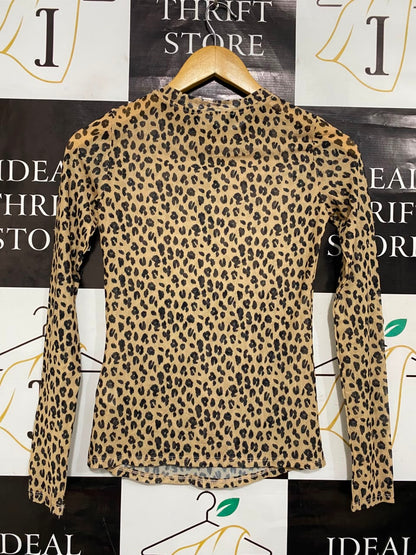 GLASSON |XS| BUST 14| A21| LEOPARD PRINT MESH LONG SLEEVE TOP SHEER ANIMAL PRINT SHIRT