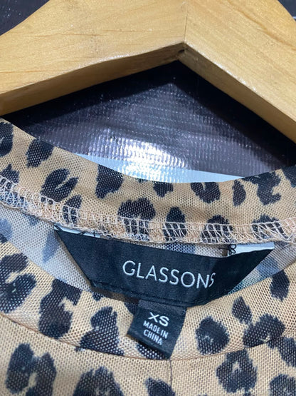 GLASSON |XS| BUST 14| A21| LEOPARD PRINT MESH LONG SLEEVE TOP SHEER ANIMAL PRINT SHIRT