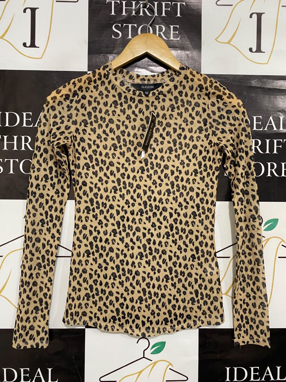 GLASSON |XS| BUST 14| A21| LEOPARD PRINT MESH LONG SLEEVE TOP SHEER ANIMAL PRINT SHIRT