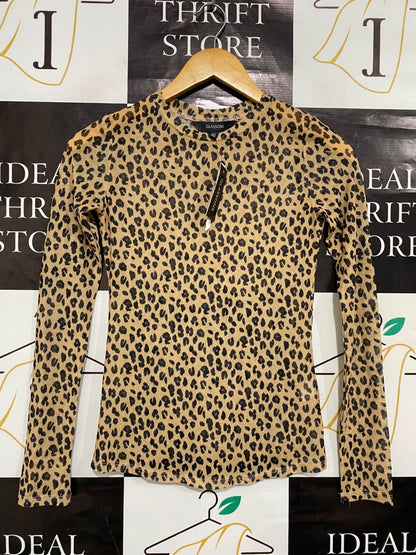 GLASSON |XS| BUST 14| A21| LEOPARD PRINT MESH LONG SLEEVE TOP SHEER ANIMAL PRINT SHIRT