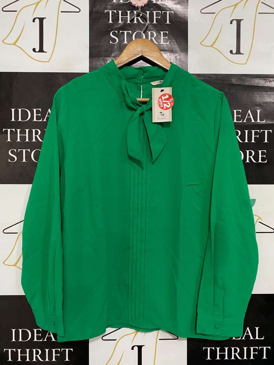 TU WOMAN |L| BUST 22| A21| GREEN BOW NECK BLOUSE LONG SLEEVE PUSSYBOW SHIRT WORKWEAR