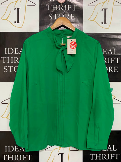 TU WOMAN |L| BUST 22| A21| GREEN BOW NECK BLOUSE LONG SLEEVE PUSSYBOW SHIRT WORKWEAR