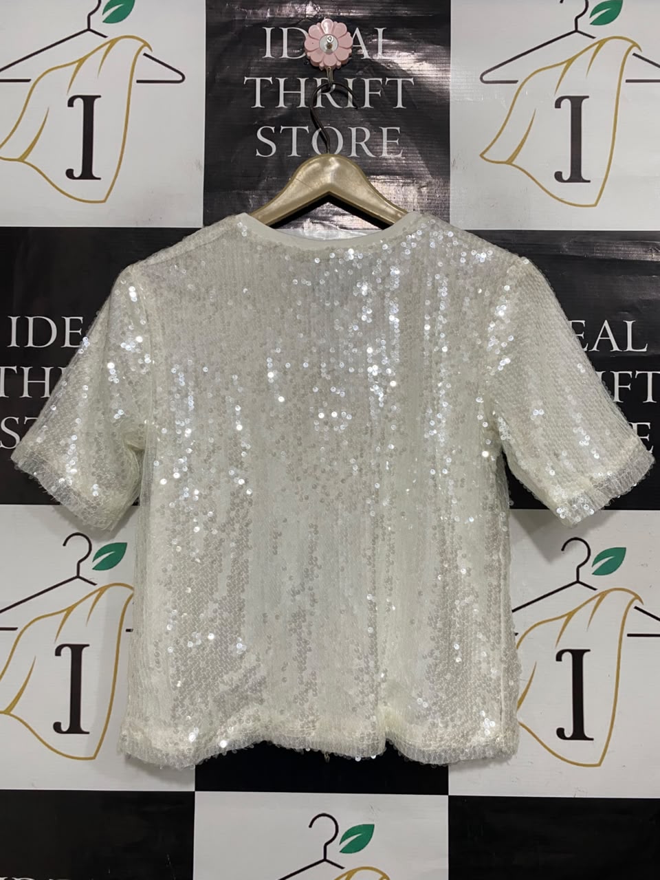 BARDOT |M| BUST 17| A21| WHITE SEQUIN T-SHIRT SPARKLY SHORT SLEEVE TOP GLAMOUR