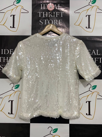 BARDOT |M| BUST 17| A21| WHITE SEQUIN T-SHIRT SPARKLY SHORT SLEEVE TOP GLAMOUR