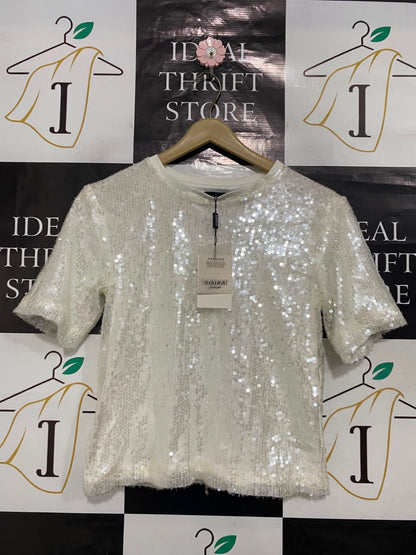 BARDOT |M| BUST 17| A21| WHITE SEQUIN T-SHIRT SPARKLY SHORT SLEEVE TOP GLAMOUR
