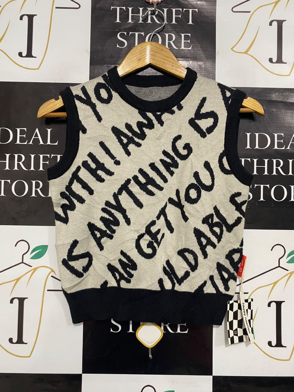 |S| BUST 16| A21| KNIT SWEATER VEST BLACK BEIGE STATEMENT SLOGAN TOP