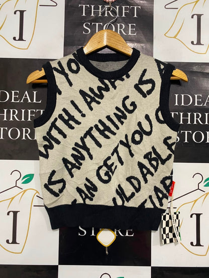 |S| BUST 16| A21| KNIT SWEATER VEST BLACK BEIGE STATEMENT SLOGAN TOP