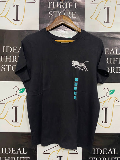 TIME TO DREAM |L| BUST 21| A21| BLACK T-SHIRT WHITE TIGER GRAPHIC JUST SAYING SHORT SLEEVE CASUAL TOP NEW