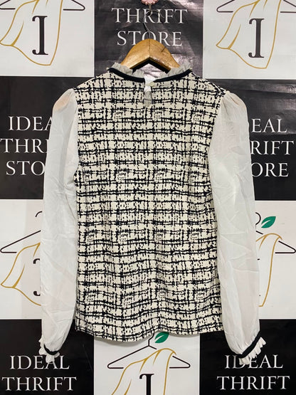 O Z |S| BUST 16| A21| BLACK AND WHITE TWEED BLOUSE PEARL BEADED RUFFLE NECK LONG SLEEVE TOP ELEGANT