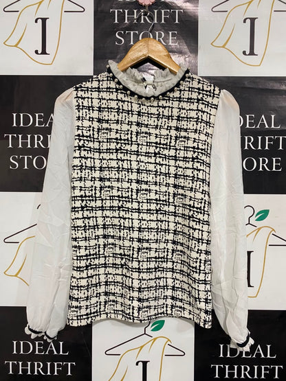 O Z |S| BUST 16| A21| BLACK AND WHITE TWEED BLOUSE PEARL BEADED RUFFLE NECK LONG SLEEVE TOP ELEGANT