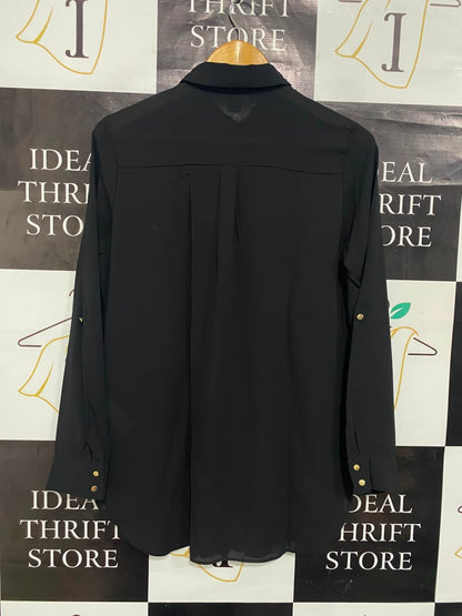 PRIMARK |M| BUST 20| A21| BLACK BUTTON DOWN SHIRT LONG SLEEVE GOLD STUD POCKET TUNIC TOP