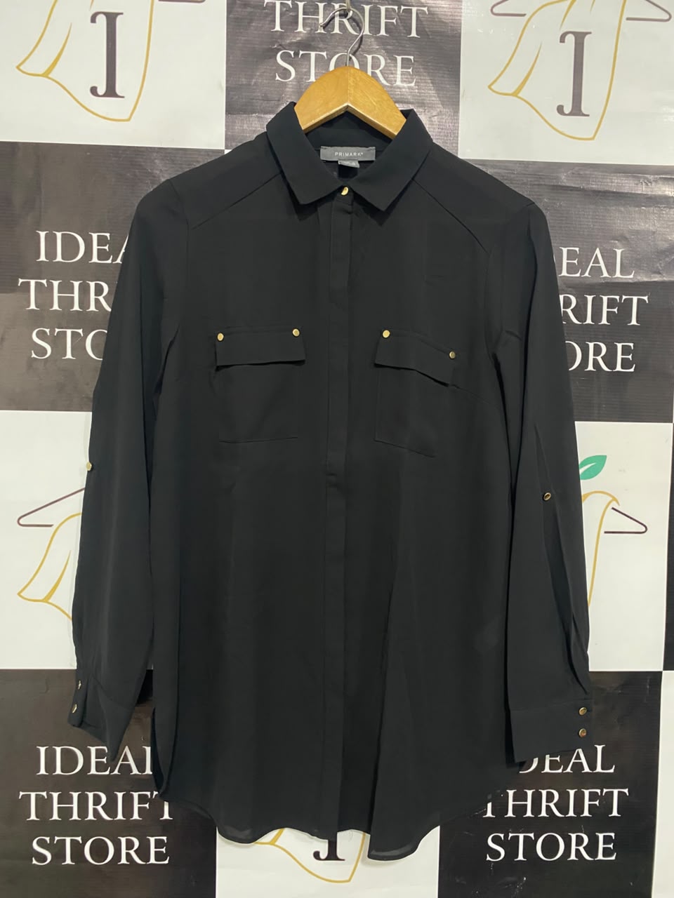 PRIMARK |M| BUST 20| A21| BLACK BUTTON DOWN SHIRT LONG SLEEVE GOLD STUD POCKET TUNIC TOP