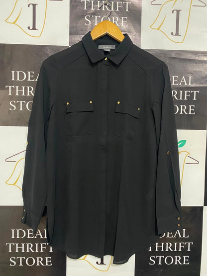 PRIMARK |M| BUST 20| A21| BLACK BUTTON DOWN SHIRT LONG SLEEVE GOLD STUD POCKET TUNIC TOP