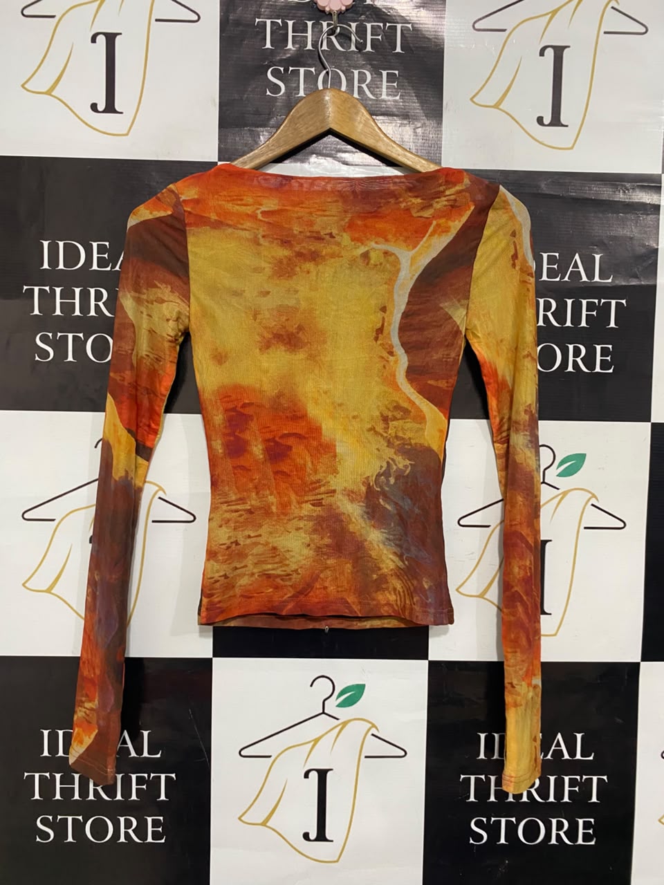 MADISON |S| BUST 13| A21| ABSTRACT PRINT LONG SLEEVE TOP ORANGE RED MESH SHIRT