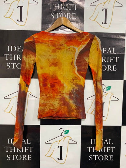 MADISON |S| BUST 13| A21| ABSTRACT PRINT LONG SLEEVE TOP ORANGE RED MESH SHIRT