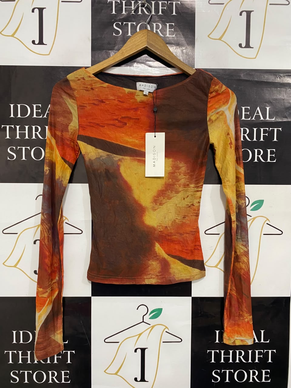 MADISON |S| BUST 13| A21| ABSTRACT PRINT LONG SLEEVE TOP ORANGE RED MESH SHIRT