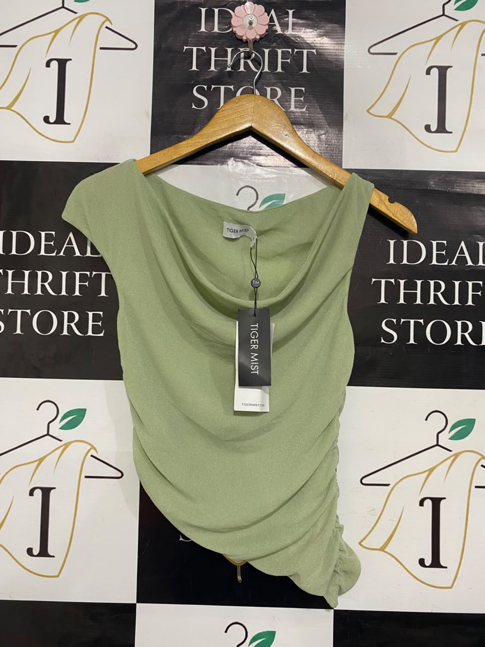 TIGER MIST |S| BUST 14| A21| SAGE GREEN COWL NECK TOP RUCHED ASYMMETRIC HEM
