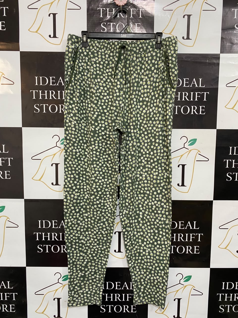 PRIMARK |S| WAIST 32| A21| GREEN FLORAL LOUNGE PANTS DAISY PRINT DRAWSTRING CASUAL JOGGERS SLEEPWEAR