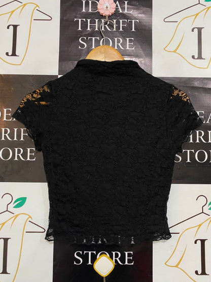 LUVALOT |S| BUST 14| A21| BLACK LACE SHORT SLEEVE TOP MOCK NECK ELEGANT BLOUSE