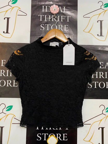 LUVALOT |S| BUST 14| A21| BLACK LACE SHORT SLEEVE TOP MOCK NECK ELEGANT BLOUSE