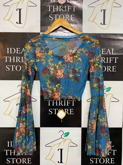 SHEIN |S| BUST 15| A21| BLUE FLORAL MESH CROP TOP V-NECK BELL SLEEVE SHEER BOHO SHIRT VINTAGE VIBE