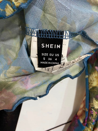 SHEIN |S| BUST 15| A21| BLUE FLORAL MESH CROP TOP V-NECK BELL SLEEVE SHEER BOHO SHIRT VINTAGE VIBE