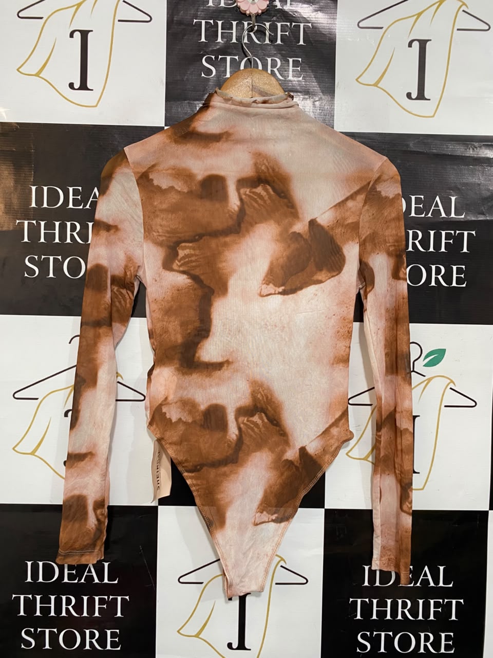 SHEIN |M| BUST 15| A21| ABSTRACT PRINT MESH BODYSUIT TURTLENECK LONG SLEEVE BROWN BEIGE TOP