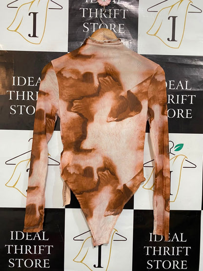 SHEIN |M| BUST 15| A21| ABSTRACT PRINT MESH BODYSUIT TURTLENECK LONG SLEEVE BROWN BEIGE TOP