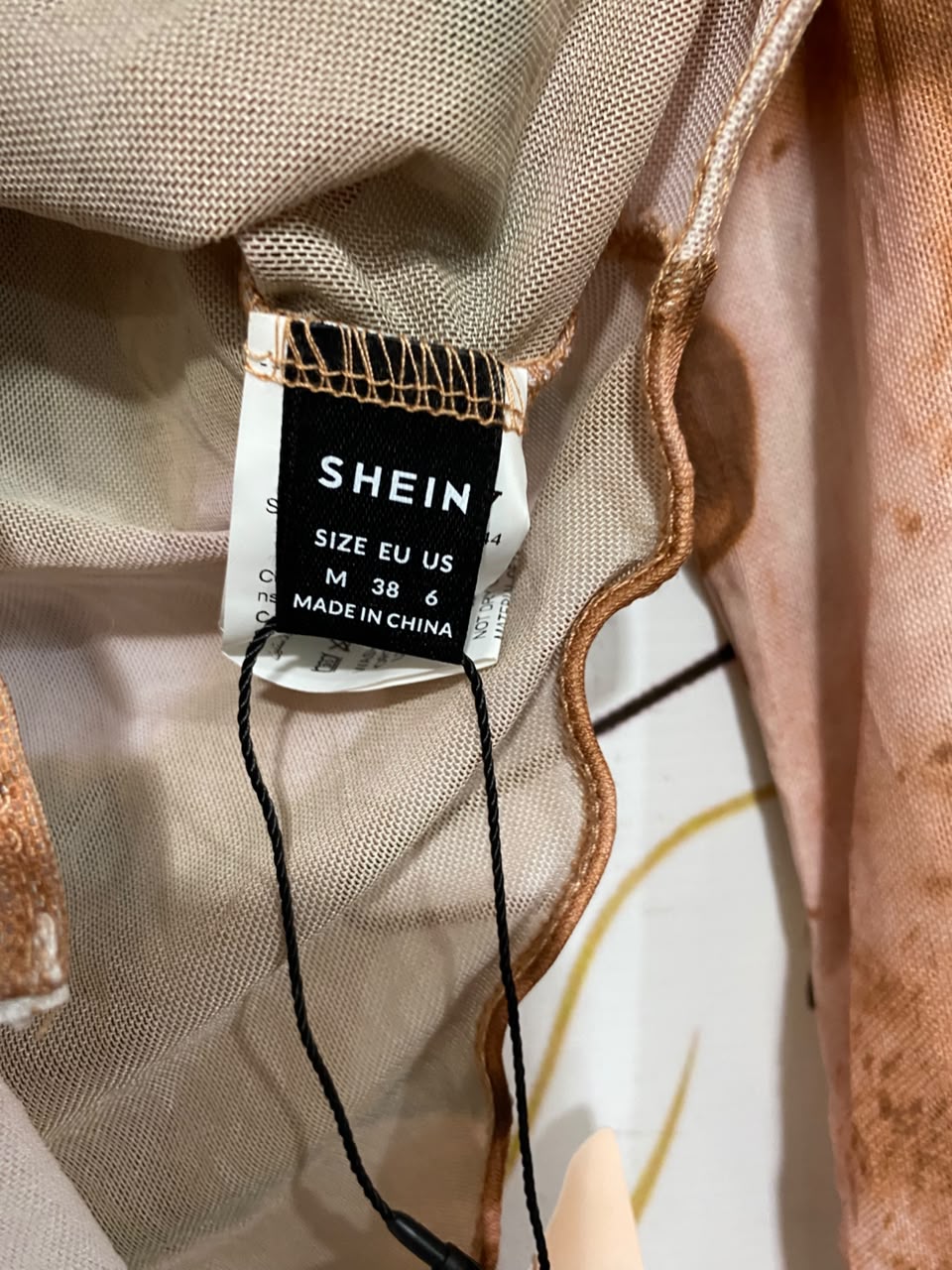 SHEIN |M| BUST 15| A21| ABSTRACT PRINT MESH BODYSUIT TURTLENECK LONG SLEEVE BROWN BEIGE TOP