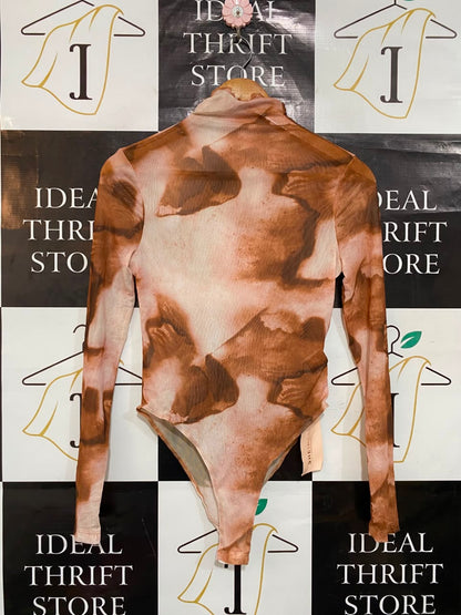 SHEIN |M| BUST 15| A21| ABSTRACT PRINT MESH BODYSUIT TURTLENECK LONG SLEEVE BROWN BEIGE TOP