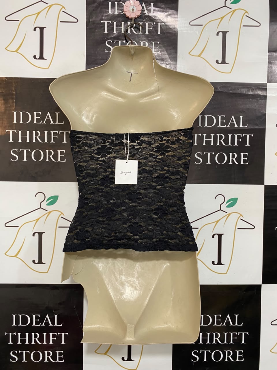 SUPRE |XS| BUST 15| A21| BLACK LACE BANDEAU TOP STRAPLESS CORSET STYLE CROP TUBE TOP