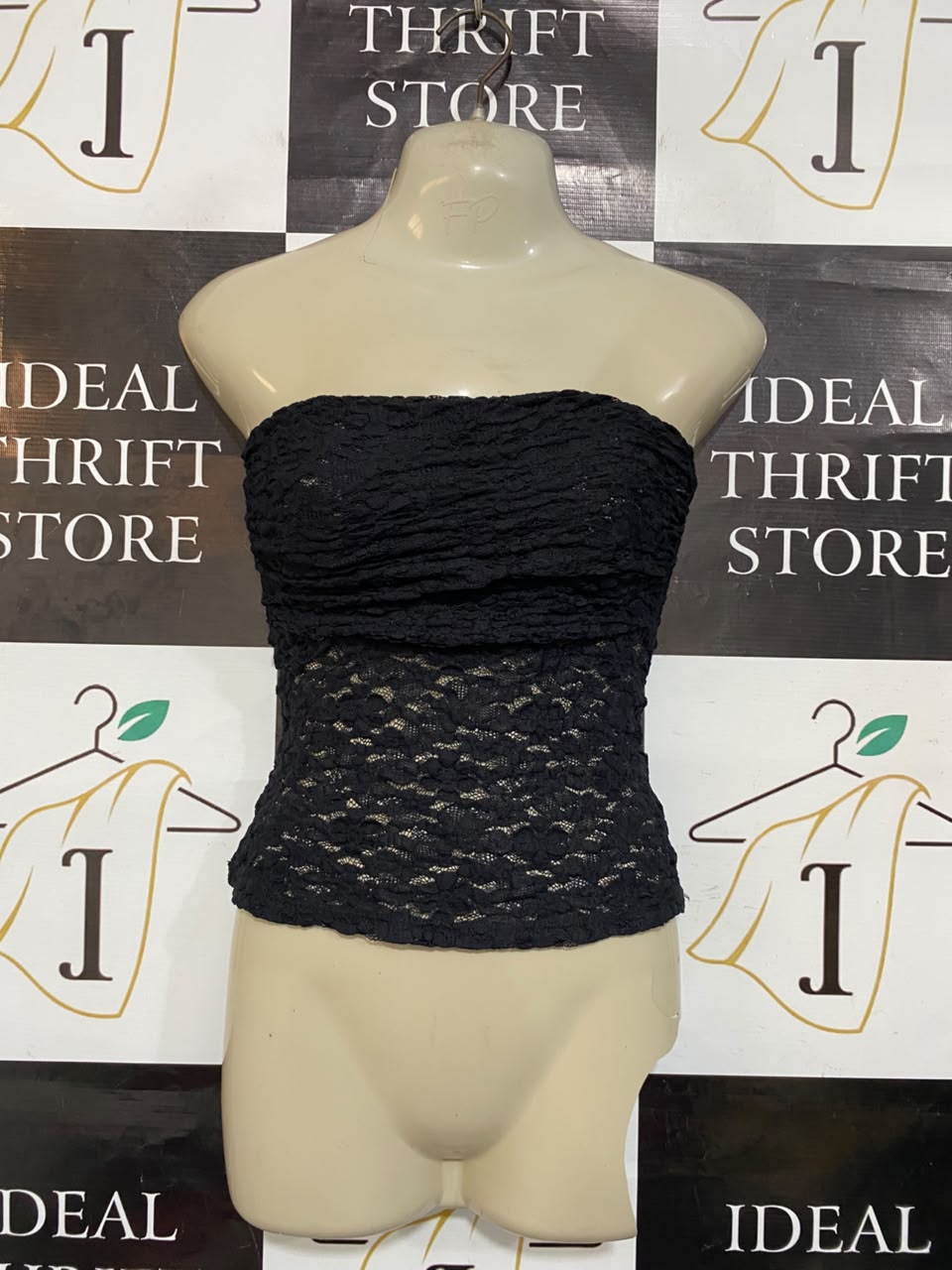 SUPRE |XS| BUST 15| A21| BLACK LACE BANDEAU TOP STRAPLESS CORSET STYLE CROP TUBE TOP