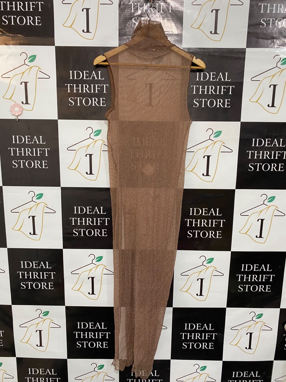 PULL & BEAR |S| BUST 15| A21| BROWN SHIMMER TURTLENECK MAXI DRESS SLEEVELESS SHEER GLITTER LONG DRESS