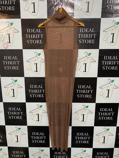 PULL & BEAR |S| BUST 15| A21| BROWN SHIMMER TURTLENECK MAXI DRESS SLEEVELESS SHEER GLITTER LONG DRESS