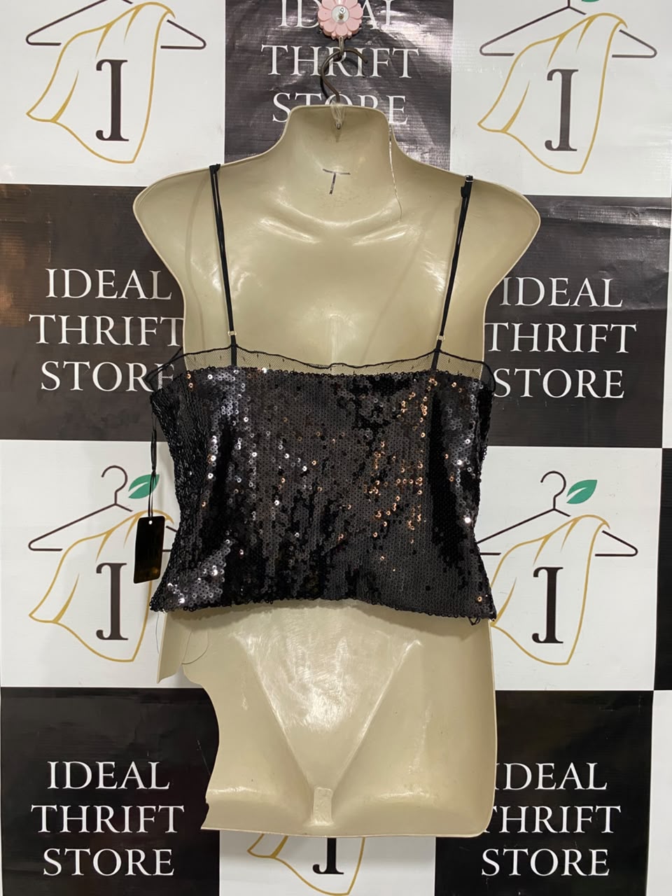 FOREVER 21 |S| BUST 17| A21| DARK COLLECTION WOMEN BLACK SEQUIN CAMI TOP SPAGHETTI STRAP GLAM SHIRT