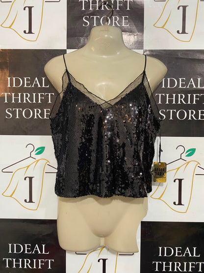 FOREVER 21 |S| BUST 17| A21| DARK COLLECTION WOMEN BLACK SEQUIN CAMI TOP SPAGHETTI STRAP GLAM SHIRT