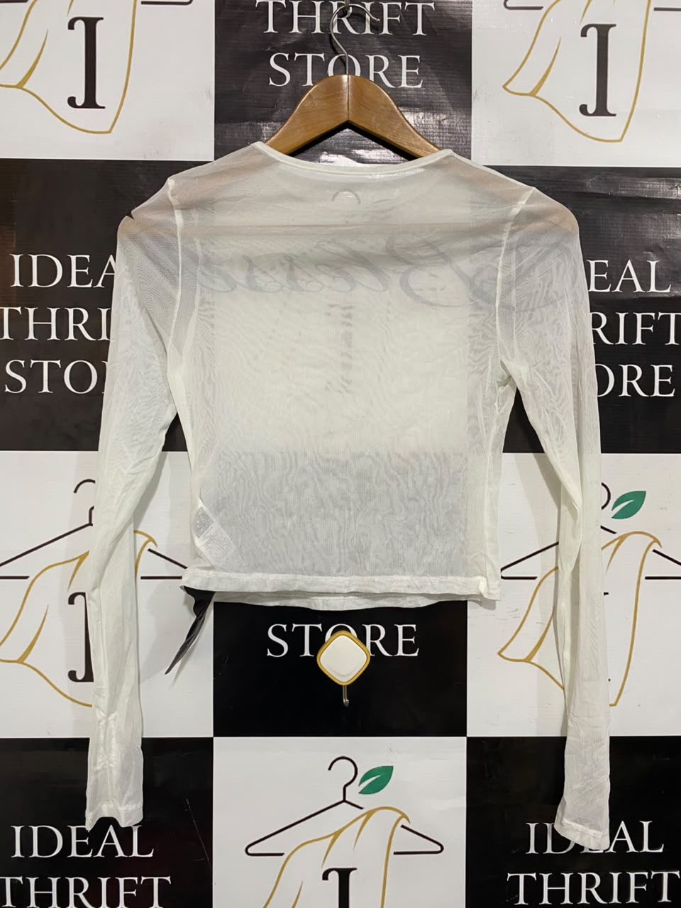 SUMWON |M| BUST 15| A21| WHITE MESH CROP TOP BLESSED SCRIPT LONG SLEEVE SHEER Y2K SHIRT