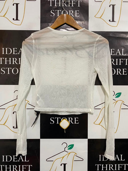 SUMWON |M| BUST 15| A21| WHITE MESH CROP TOP BLESSED SCRIPT LONG SLEEVE SHEER Y2K SHIRT