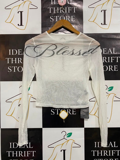 SUMWON |M| BUST 15| A21| WHITE MESH CROP TOP BLESSED SCRIPT LONG SLEEVE SHEER Y2K SHIRT
