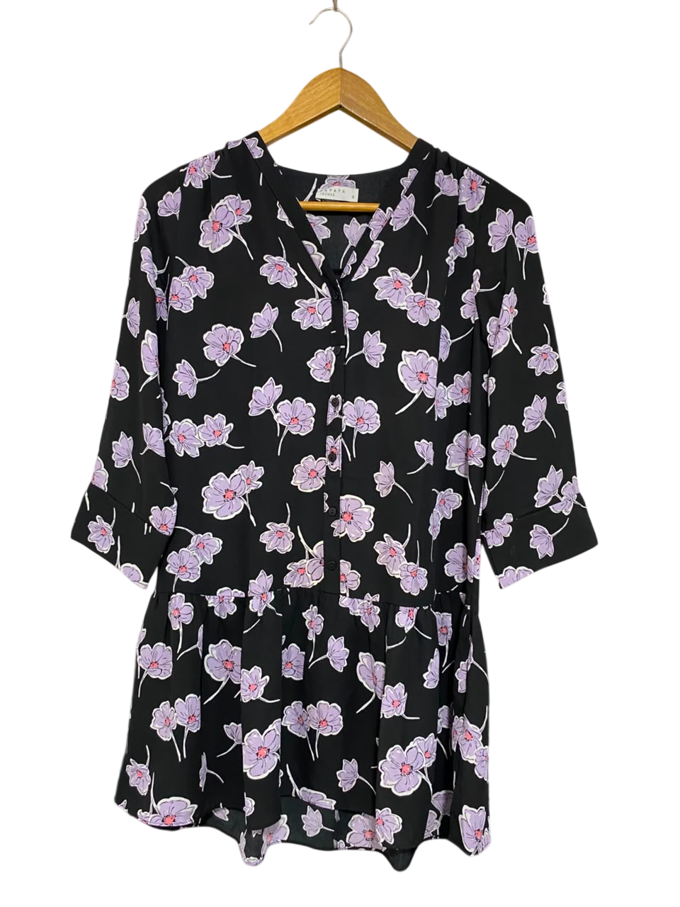 PAPAYA |S| BUST 19| A22| BLACK AND PURPLE FLORAL V-NECK PEPLUM BLOUSE | THREE-QUARTER SLEEVE CASUAL TOP