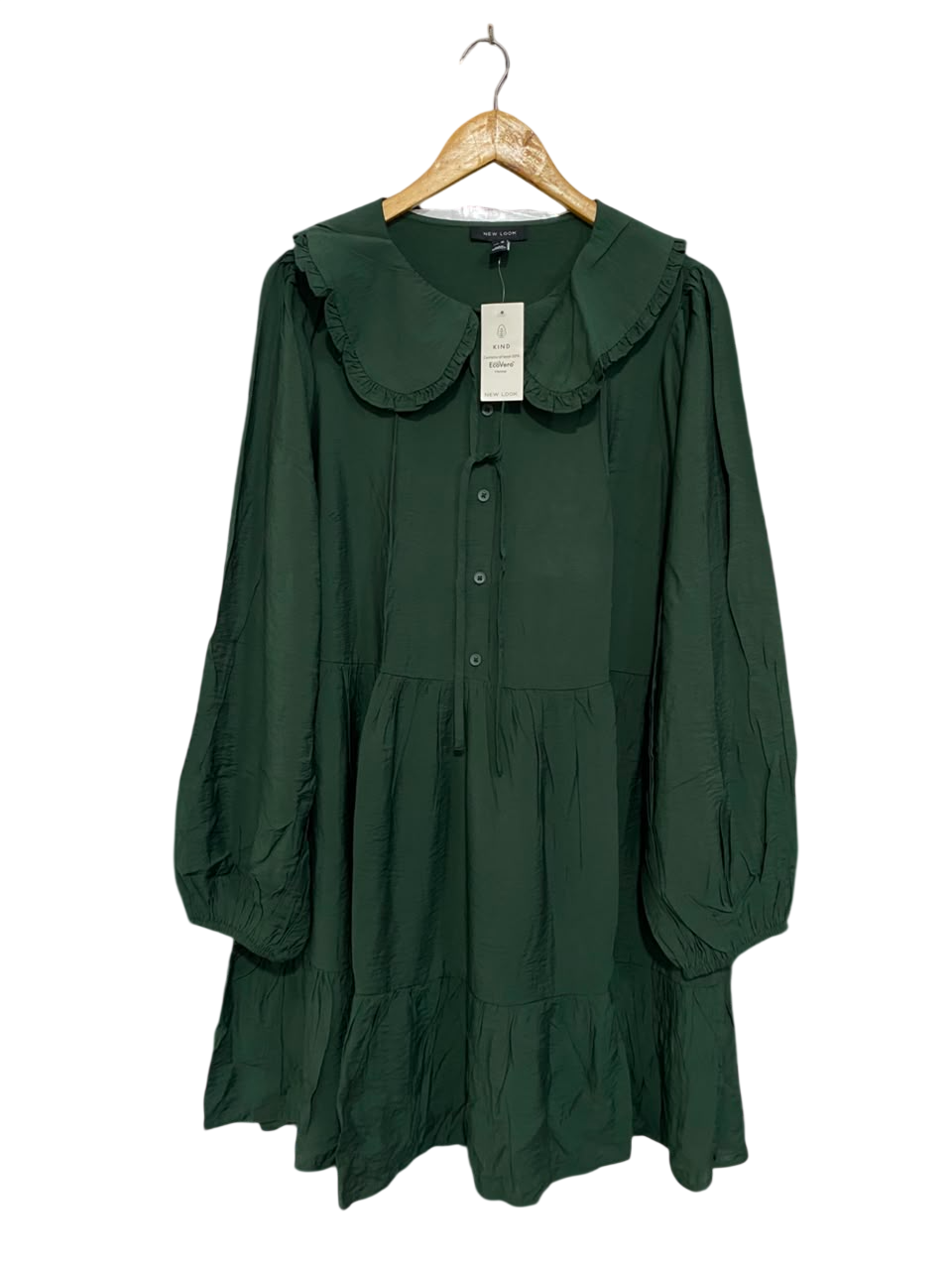 NEW LOOK |L| BUST 22| A22| DARK GREEN RUFFLE-COLLAR TIERED SMOCK DRESS | LONG-SLEEVE CASUAL MINI DRESS