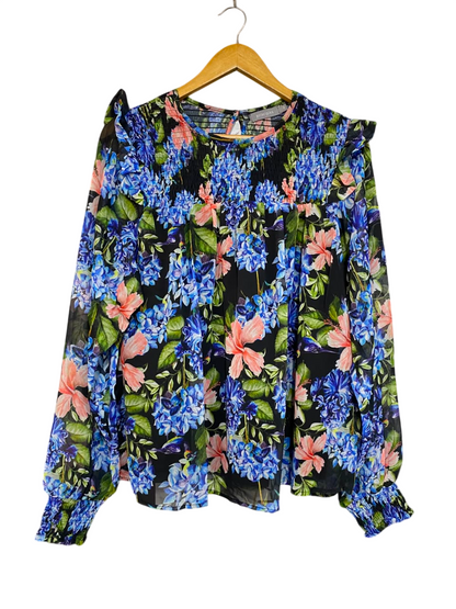 PRINCIPLES |L| BUST 20| A22| BLUE AND PINK FLORAL SMOCKED LONG-SLEEVE BLOUSE | ELEGANT RUFFLE-SHOULDER TOP