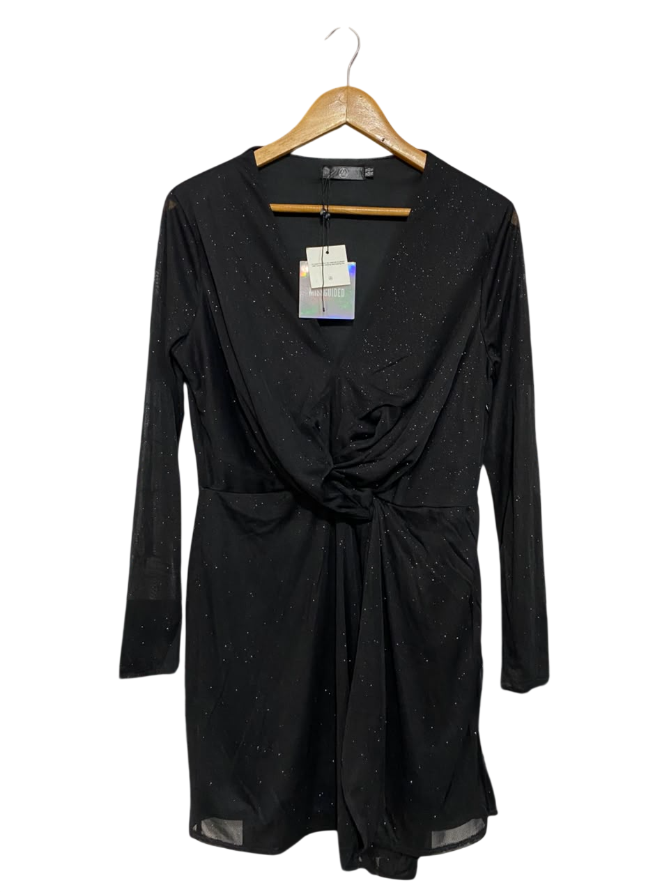 MISSGUIDED |L| BUST 19| A22| BLACK GLITTER SHIMMER KNOT-FRONT LONG-SLEEVE MINI DRESS | GLAMOROUS PARTY DRESS