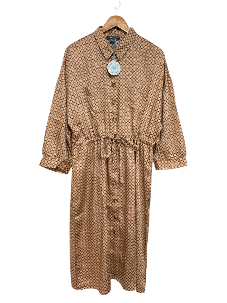 PRIMARK |L| BUST FREE| A22| BROWN GEOMETRIC PRINT DRAWSTRING SHIRT DRESS | ELEGANT MIDI UTILITY DRESS