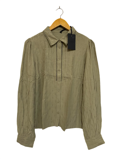 Y A S |L| BUST 20| A22| SAGE GREEN COLLARED PINTUCK BLOUSE | ELEGANT LONG-SLEEVE BUTTON-UP TOP