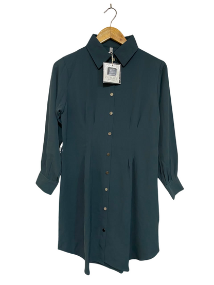 Z & BLACK |L| BUST 18| A22| DARK TEAL BUTTON-DOWN SHIRT DRESS | LONG-SLEEVE COLLARED CASUAL MINI DRESS