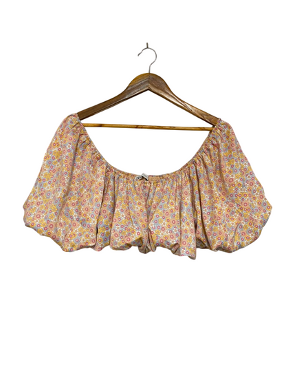 ZARA |S| BUST 16| A22| PASTEL FLORAL OFF-SHOULDER PUFF-SLEEVE CROP TOP | VINTAGE-INSPIRED SUMMER BLOUSE