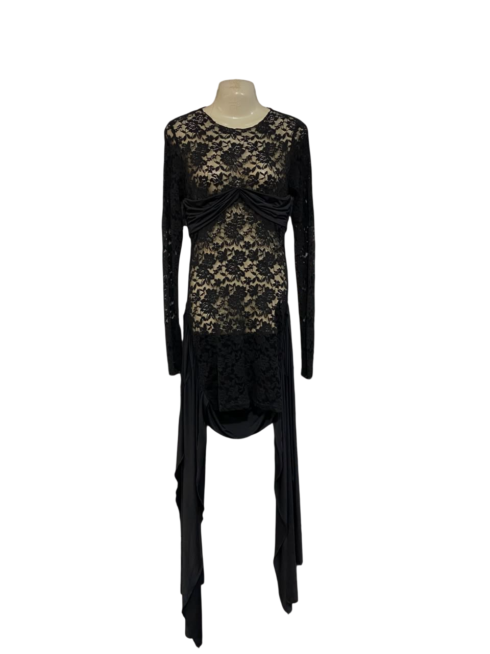 LIONESS |M| BUST 15| A22| BLACK LACE DRAPED ASYMMETRIC LONG-SLEEVE TOP | ELEGANT GOTHIC PARTY BLOUSE
